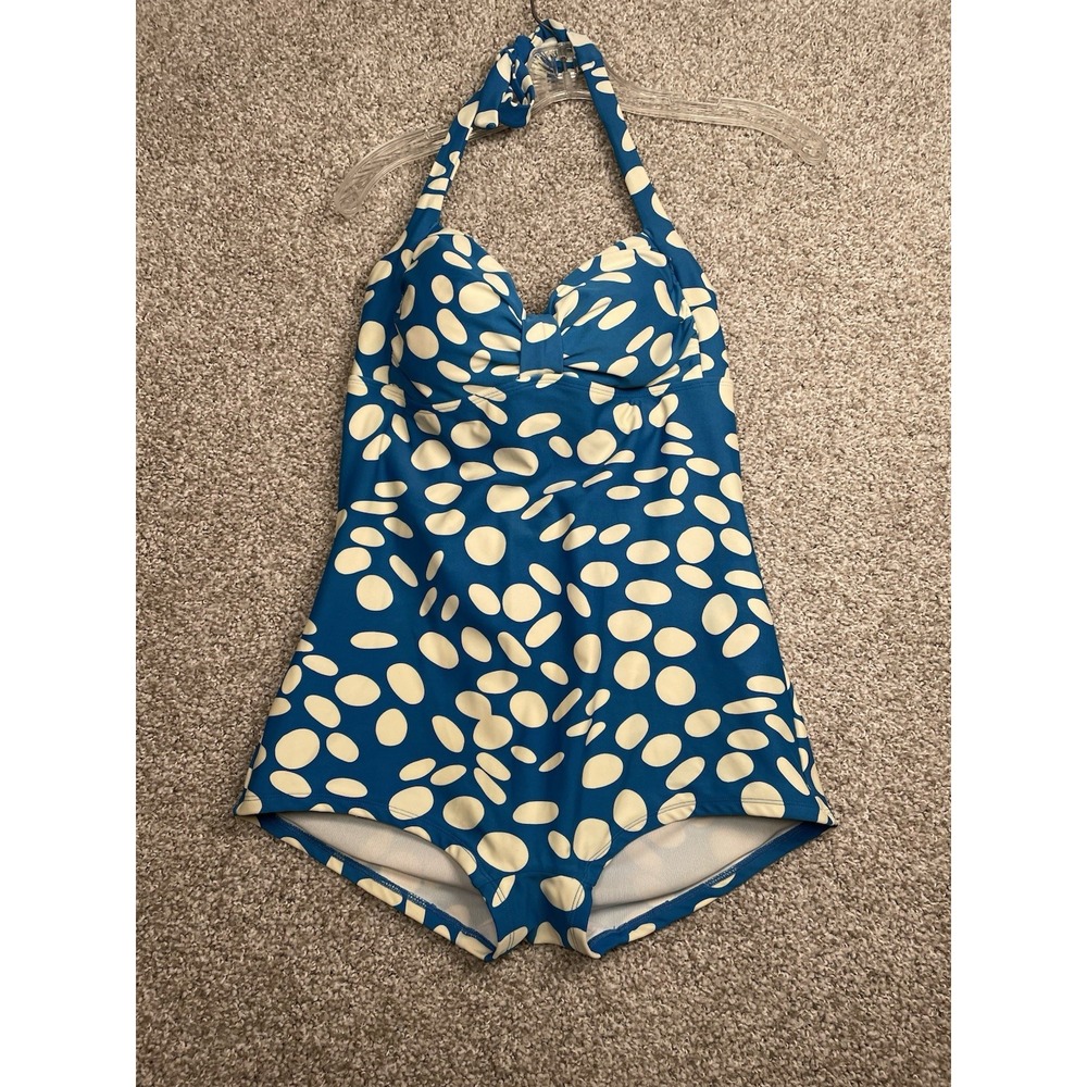 Boden US 10 One Piece Swimsuit Blue Spot 60s Mod Retro Halter Padded Polka Dot